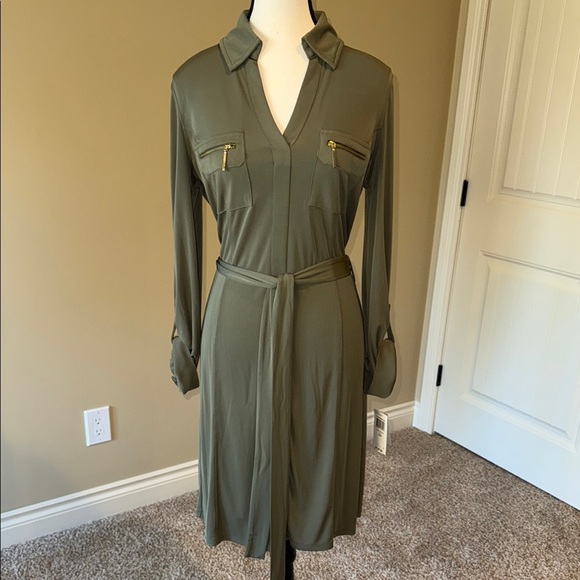 INC International Concepts Olive Green Belted Sheath Dress Long Sleeve Collared - Picture 1 of 11